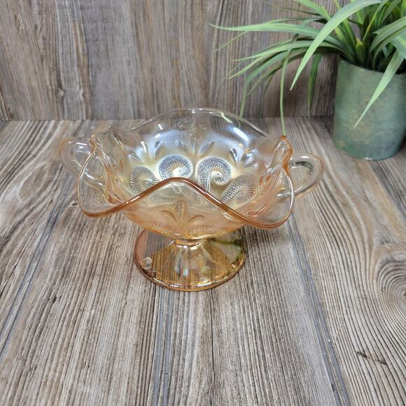 Antique Dugan Question Marks Marigold Carnival Bon Bon Dish 2 Handled - Picture 1 of 4